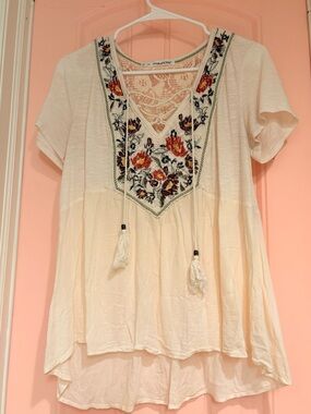 Maurices Boho Embroidered Lace Peasant Top Cream Short Sleeve Size 0